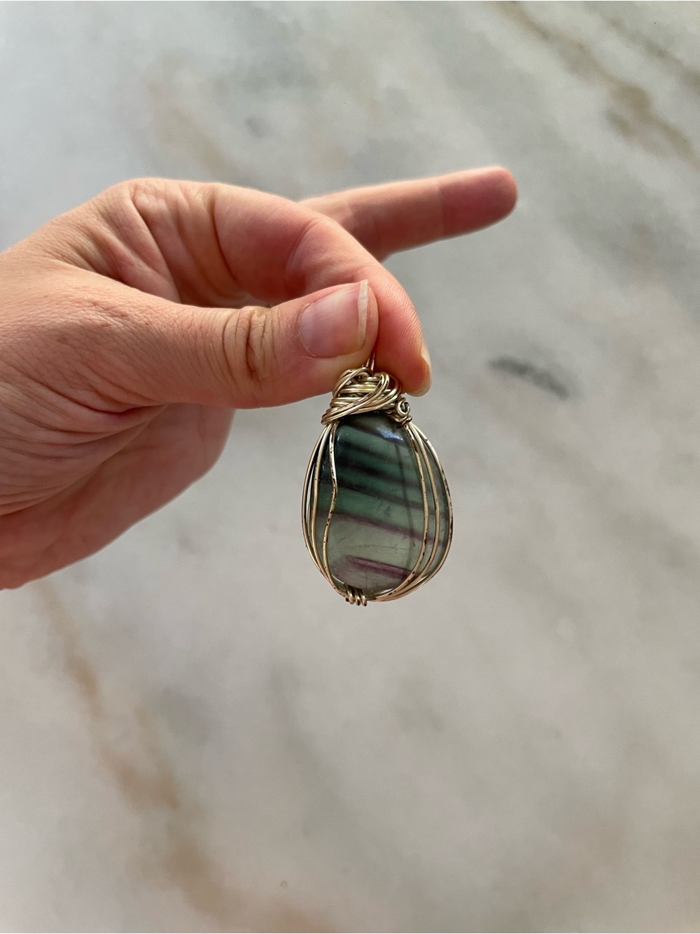 Wire-Wrapped Fluorite Teardrop Pendant in Green and Purple